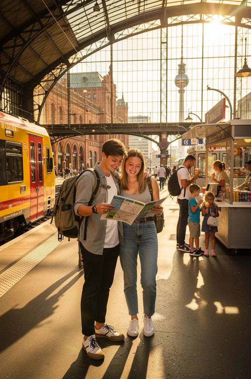 Foto eines regionalen Marktplatzes mit traditionellen Essensständen als kulinarischer Zwischenstopp.